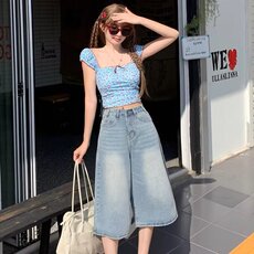 氧汐浅蓝色宽松直筒七分牛仔裤女春夏2025新款高腰显瘦过膝阔腿裤，男装牛仔裤，星座1210-1