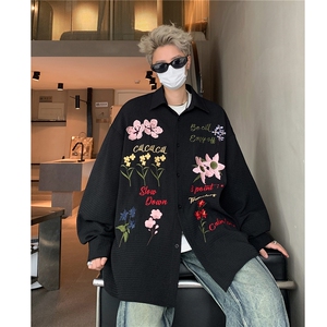 2024 美式复古华夫格彩色花卉刺绣长袖衬衫情侣上衣男女H980 P78图片