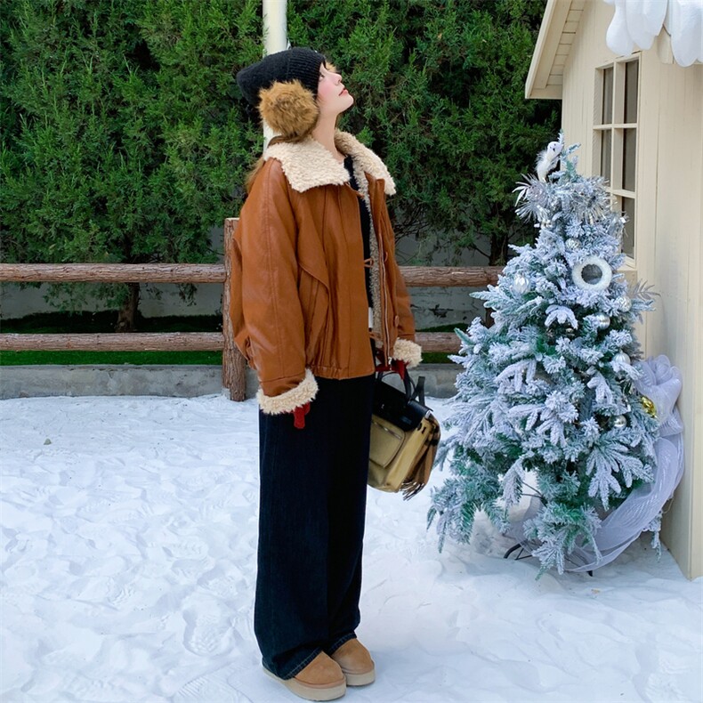咖色羊羔毛领PU皮派克服女2025年冬季新款小个子加绒加厚保暖夹克,女装短外套,2C217