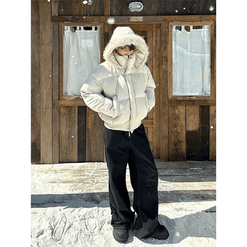 现货三防重磅硬挺boxy短款羽绒棉衣座山雕大毛毛领PU皮棉服外套冬，男装棉衣，电商A443