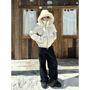 现货三防重磅硬挺boxy短款羽绒棉衣座山雕大毛毛领PU皮棉服外套冬,男装棉衣,电商A443