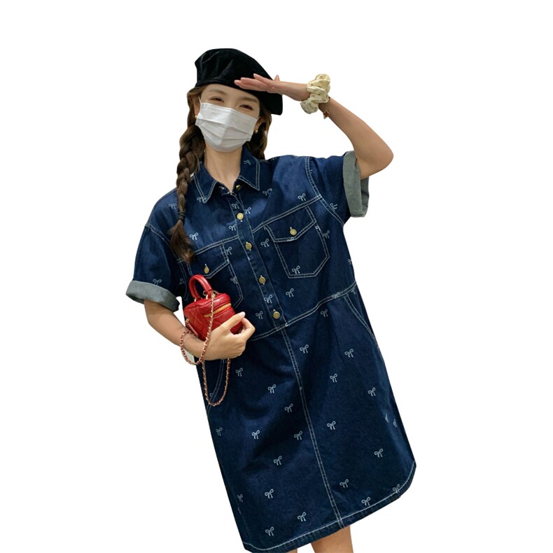 182-8568-P125-K188-设计感蓝色蝴蝶结印花牛仔连衣裙,女装连衣裙,帛香坊