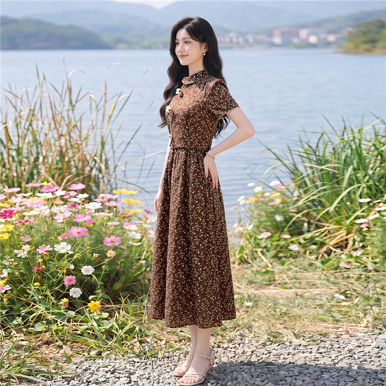 全棉碎花连衣裙夏季新款收腰显瘦田园风优雅裙子,女装连衣裙,水衣源