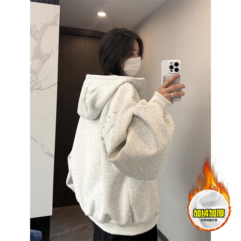 480G重磅加绒硬挺boxy男女秋冬美式高街卫衣铆钉拼接开衫厚外套,女装短外套,电商A486