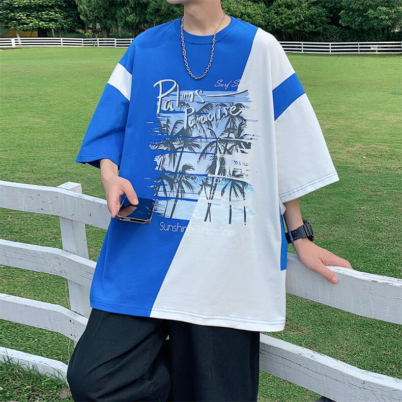 数据！设计感拼接撞色短T恤夏季宽松休闲男上衣XT228-P45控68,男装T恤,电商B370