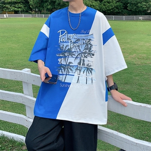 数据！设计感拼接撞色短T恤夏季宽松休闲男上衣XT228-P45控68图片