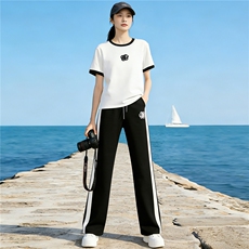 女夏季新款时尚休闲套装洋气显瘦纯色圆领短袖上衣休闲长裤两件套，女装套装/套裙，江南