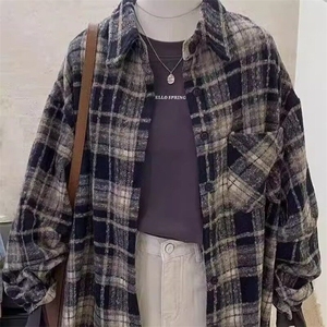 格子衬衫外套女慵懒风复古秋冬磨毛新款宽松长袖休闲衬衣 CN502图片