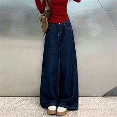 深蓝色阔腿牛仔裤女秋冬2025年新款加绒加厚显瘦垂感宽松直筒裤，男装牛仔裤，星座1210-1