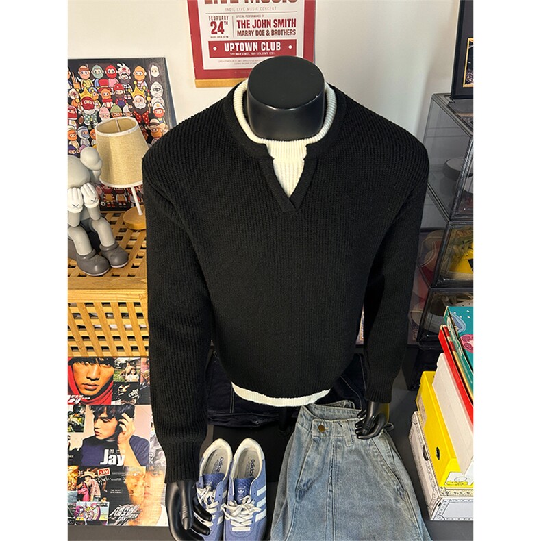 新款保暖毛衣男假两件美式针织衫宽松套头上衣MY132-特P48控88,男装针织衫/毛衣,电商A001
