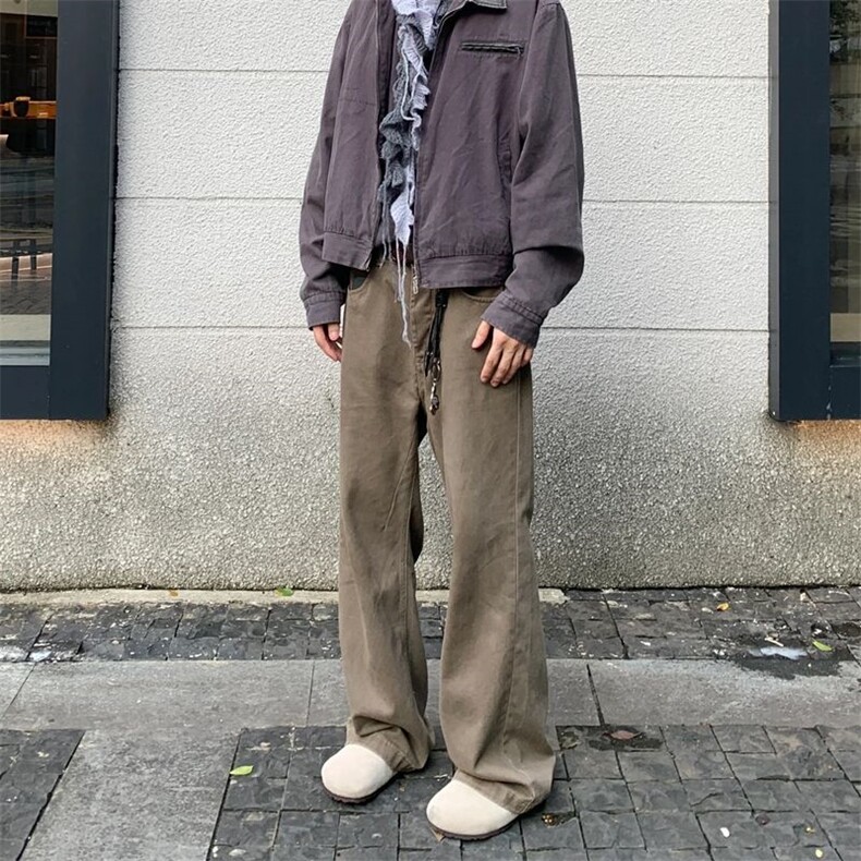 美式复古做旧棕色男女小众修身牛仔裤直筒微喇裤潮S2024P40,男装牛仔裤,星座1112-1