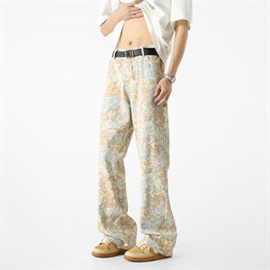 黄色扎染设计感直筒牛仔裤男迷彩裤晕染花色 XZ201- S202 P45图片