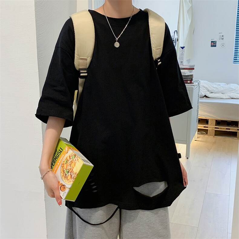 T2036-P25夏季潮流破洞毛边复古宽松短袖中性男女情侣圆领t恤控38,男装T恤,电商A009A（原A058A）