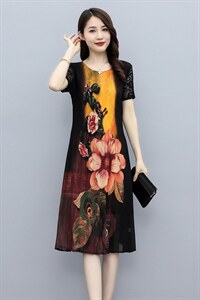 2022新款夏装韩版时尚潮流百褶压皱超弹大花色显瘦连衣裙图片