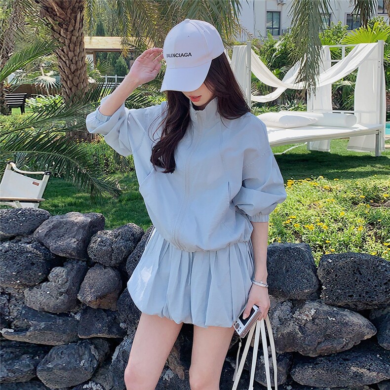 蓝色休闲时尚防晒套装裙女2025夏季新款小个子甜美花苞短裙两件套,女装套装/套裙,2C135