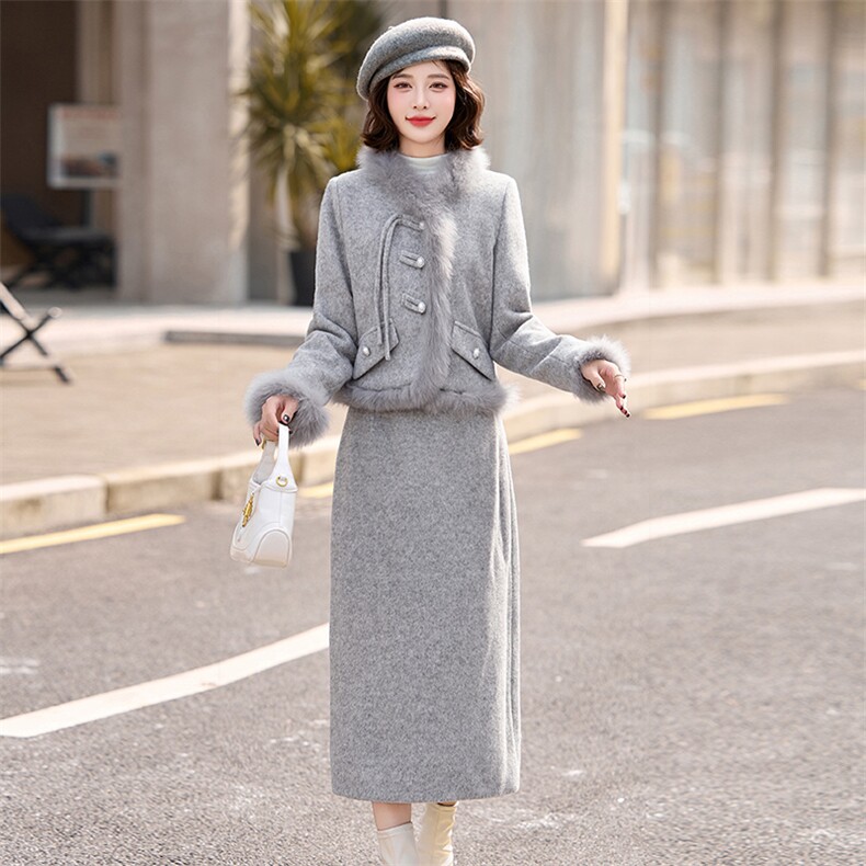 小香风羽绒服套装女白鸭绒加厚保暖狐狸毛拼接短款外套冬,女装套装/套裙,衣之秀