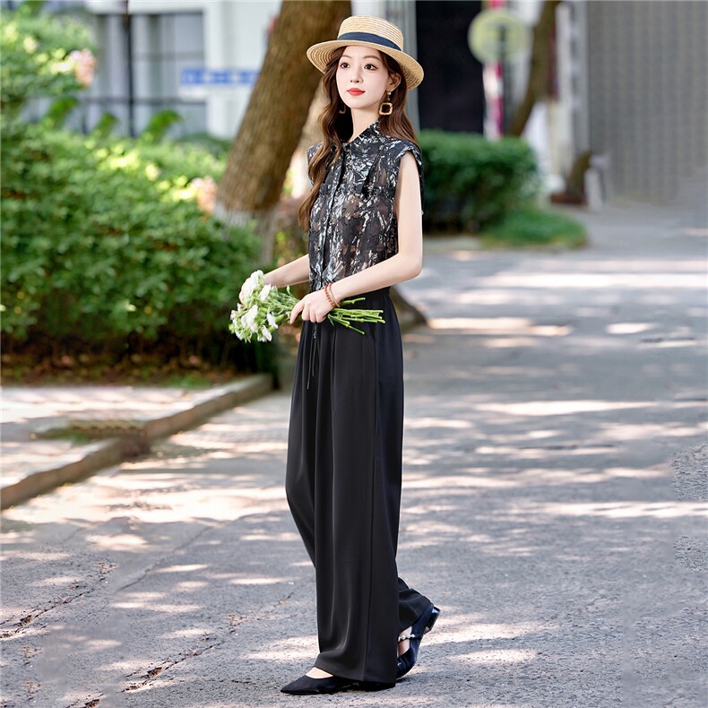 复古港风碎花衬衫套装女2025夏季新款休闲时尚轻熟风阔腿裤两件套,女装套装/套裙,妙形