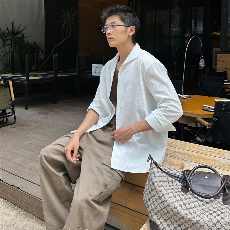 高品质白色V领设计感衬衫男长袖春秋衬衣男士A236-C601-P70,男装衬衫,电商A236