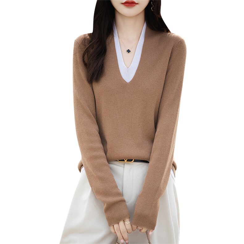 假两件百搭衫女宽松气质时尚精纺抽条深V领羊毛小众上衣拼色,女装羊毛衫,片语羊绒