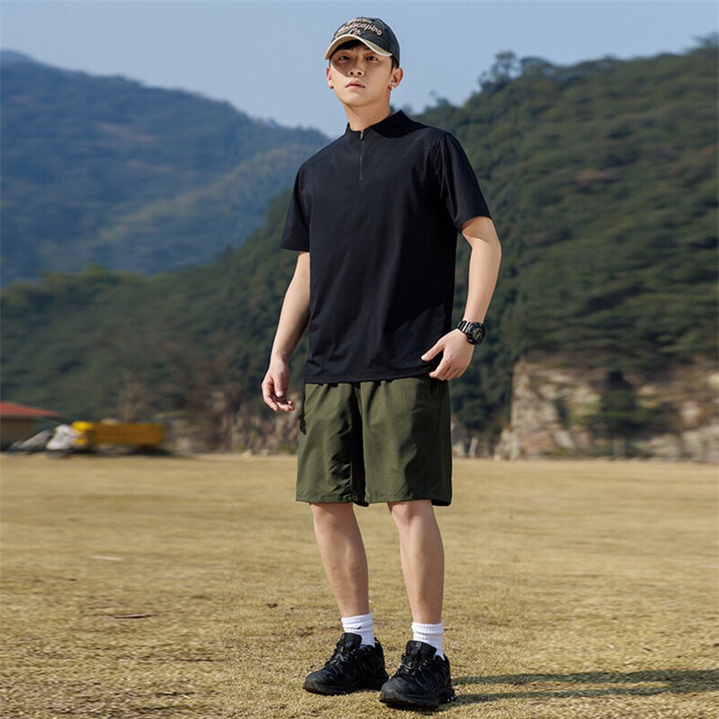 T835夏季男士圆领纯色速干运动半拉链短袖T恤P42模特图黑色,男装T恤,星座1615-1