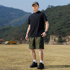 T835夏季男士圆领纯色速干运动半拉链短袖T恤P42模特图黑色，男装T恤，星座1615-1