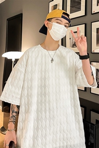 T8043/P30夏季港风宽松个性菱形格子短袖T恤男大码开叉上衣男图片