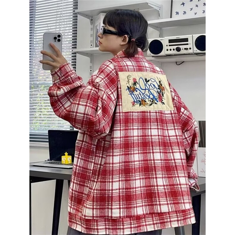 美式高街不规则格子衬衫2024新款女秋宽松潮流外套春秋季别致上衣,男装衬衫,星座716-3