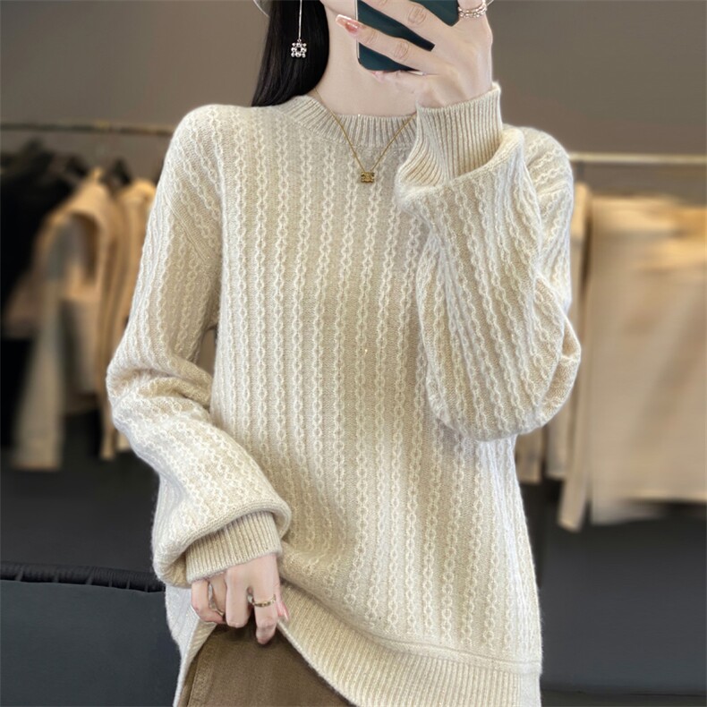 针织衫女圆领羊毛秋冬宽松短款毛衣长袖内搭打底衫,女装羊毛衫,忠诺羊绒