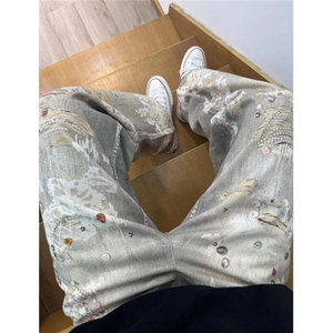 复古牛仔裤子女春夏小众阔腿拖地裤休闲时尚宽松印花AM197 P55图片