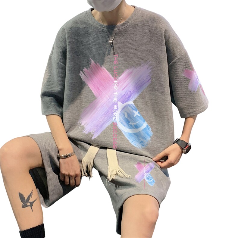 套装！夏季华夫格套装男T恤短裤男两件套大码港风TZ13-P50,男装休闲套装,电商B367
