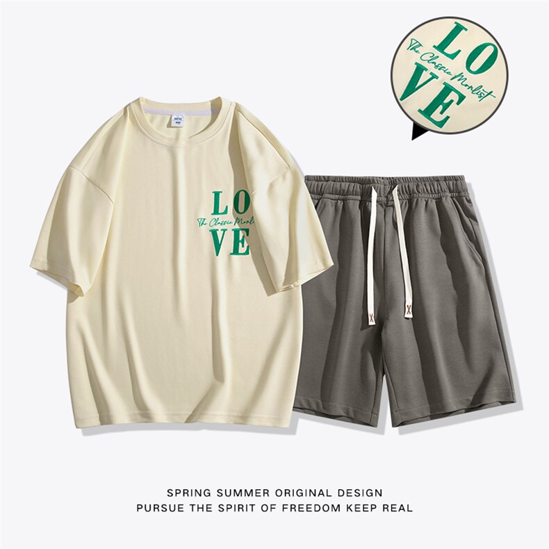 夏季运动套装日系白底休闲百搭时尚短套装CK2411+TC3131-P51控89,男装休闲套装,星座717