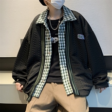 学院风夹克男女假两件格子外套ins宽松情侣装上衣JK093-P58，男装夹克，星座308B-1