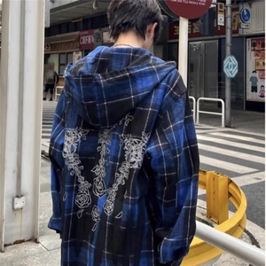 美式哥特风蓝格连帽衬衫男女春秋季潮牌高街拉链宽松休闲长袖外套图片