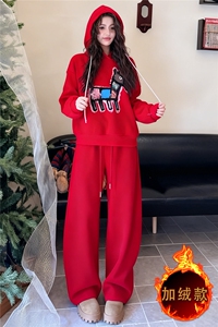 巨好看休闲时尚套装女秋冬季新款卡通印花连帽卫衣直筒长裤两件套图片