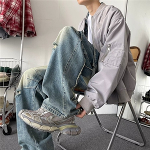 美式复古破洞工装牛仔裤男春季新款宽松直筒阔腿裤子高街潮牌嘻哈图片