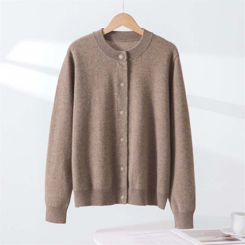 12针纯色圆领开衫，女装羊毛衫，西欧羊绒
