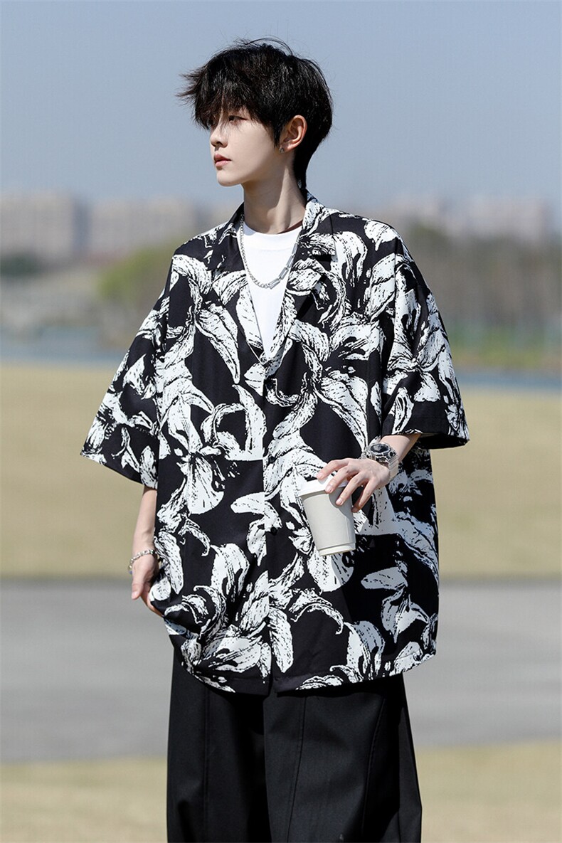 8XL-M冰丝凉感衬衣垂感透气复古花纹宽松男五分袖短袖衬衫CS526,男装衬衫,电商D206-1