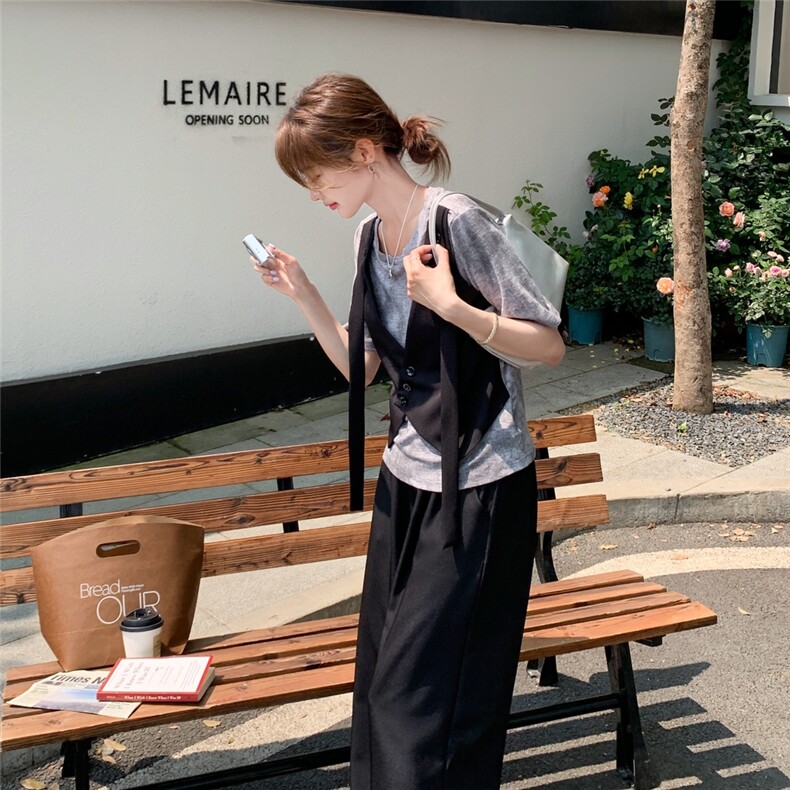 时尚设计感假两件上衣阔腿裤套装女夏2025新款洋气减龄显瘦两件套,女装套装/套裙,2C177