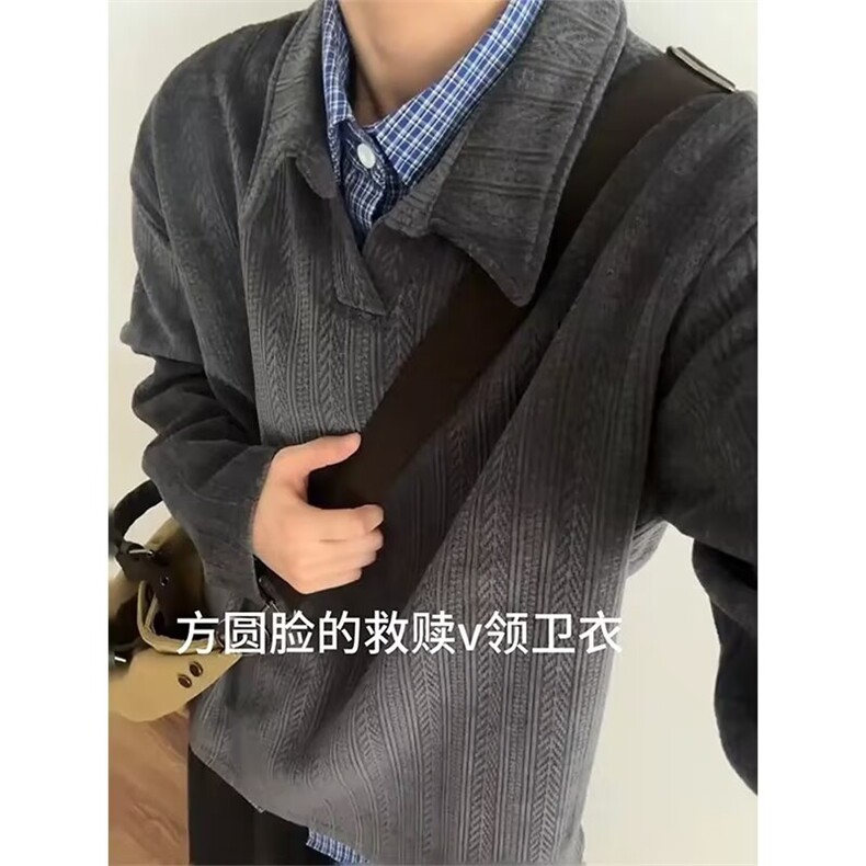 深灰色麦穗纹polo衫长袖t恤男秋季美式翻领卫衣小众设计感打底衫图片