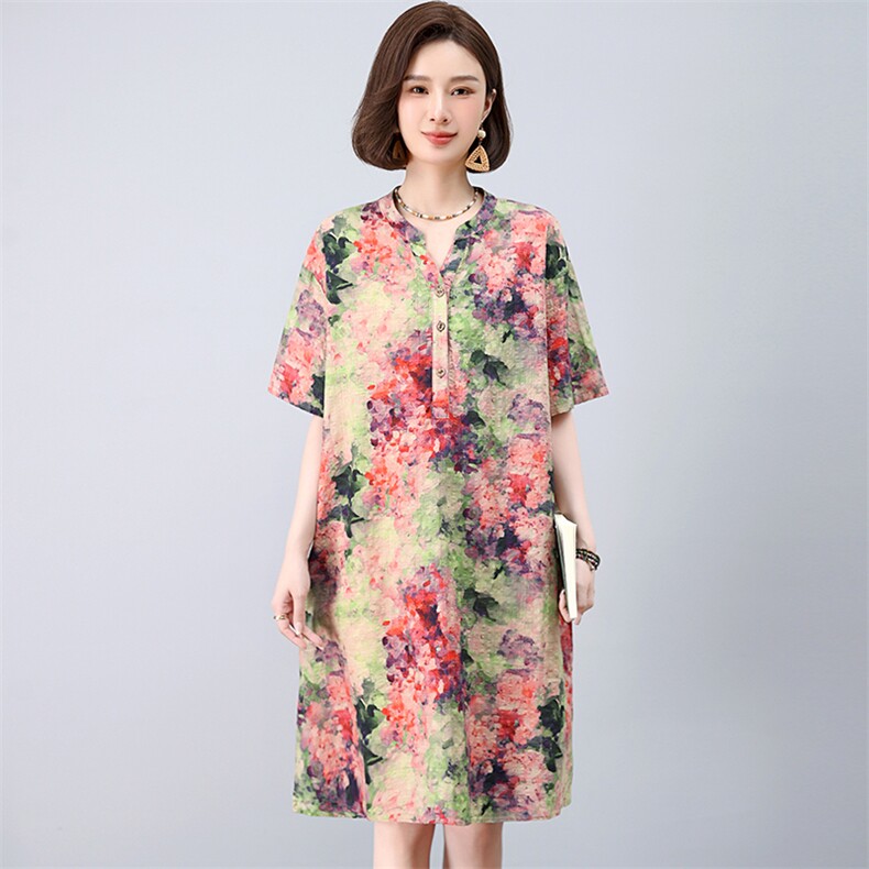 中年妈妈棉麻碎花连衣裙女夏新款宽松休闲遮肚子大码显瘦减龄裙子,女装连衣裙,独衣靓
