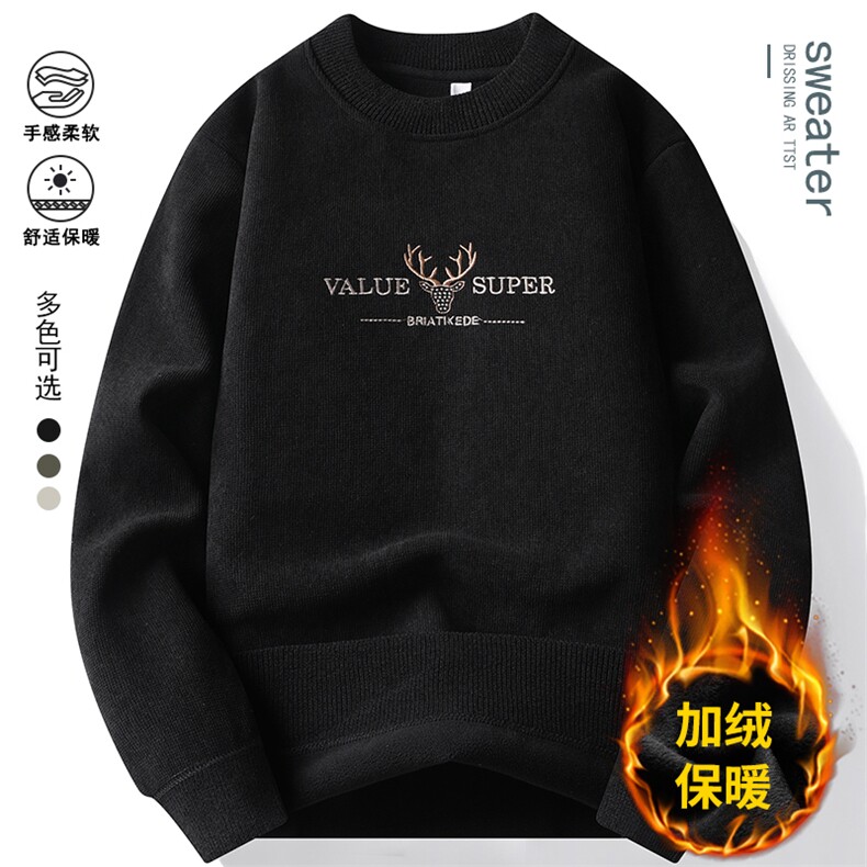 圆领卫衣男加绒加厚一体绒毛衣秋冬季保暖毛线针织衫 7139-P38元图片