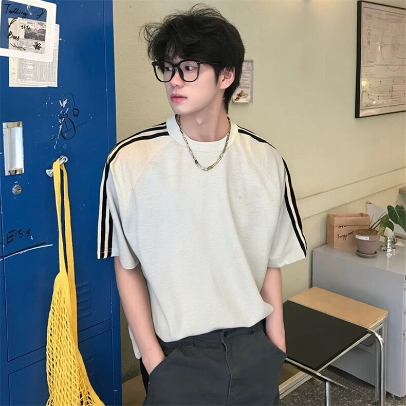 抖音得物品质二开240克宽松纯棉美式潮牌印花三条杠中性风短袖T恤,男装T恤,电商A486