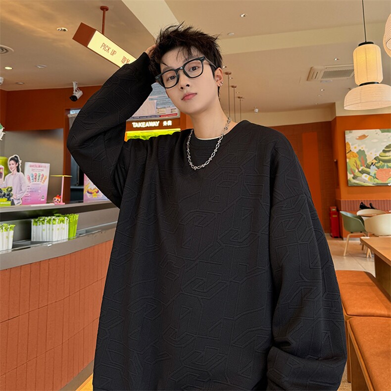 S5013/特P30春装新款个性套头提花卫衣男潮流宽松百搭长袖T恤外套,男装T恤,电商A141