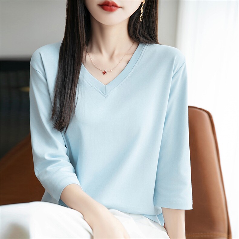 夏季新款简约V领七分袖女宽松百搭显瘦时尚休闲上衣,女装T恤,羊秋羊绒