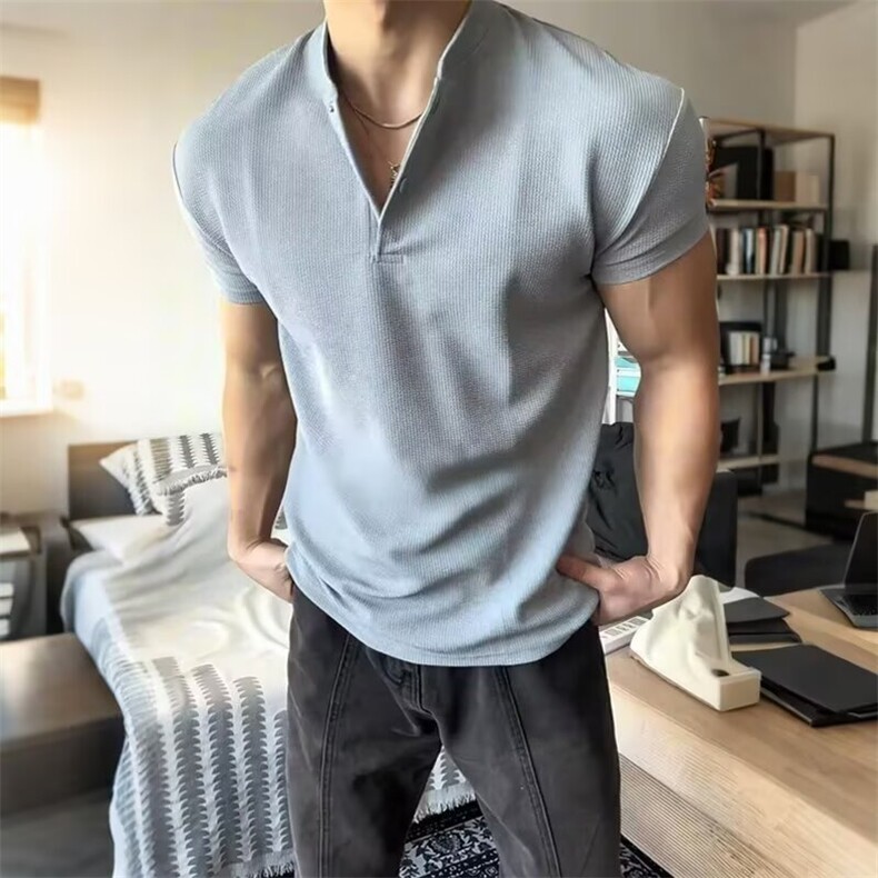 黑色美式亨利领短袖男款夏季显肌肉正肩polo衫高级感健身运动t恤，男装T恤，星座506A