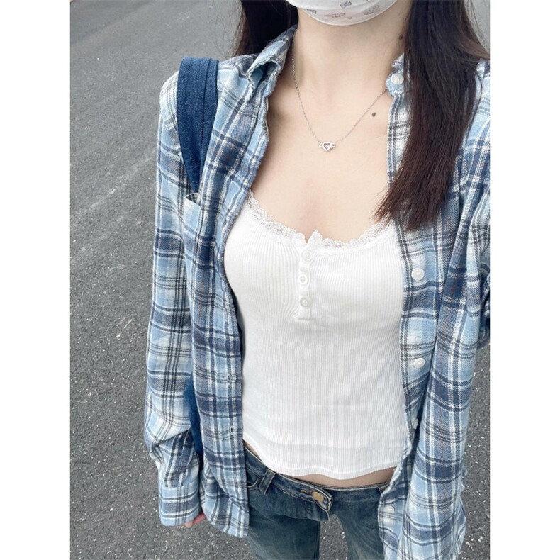 【有货】蓝色格子衬衫设计感高级长袖情侣衬衣美式复古C01LL-P45,男装衬衫,星座1007（原301D）