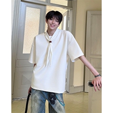 韩系学院风设计自带领带cleanfit短袖T恤简约纯色上衣短袖T恤P42，男装T恤，电商B319