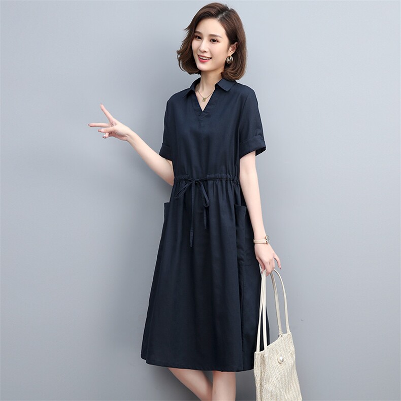 夏季棉麻中长连衣裙V领宽松显瘦系带真口袋咖啡中年妈妈大码裙子,女装连衣裙,丽影随形