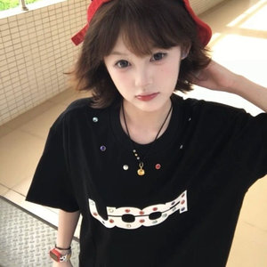 H1038-P38印花+钉珠纯棉220克宽松显瘦短袖T恤图片