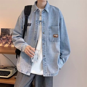男生水洗牛仔长袖衬衫春秋季新款青少年高品质上衣服翻领休闲外套图片